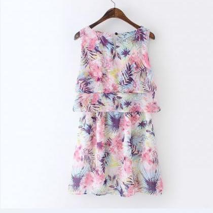 Women O-neck Sleeveless Floral Print Chiffon Dress..