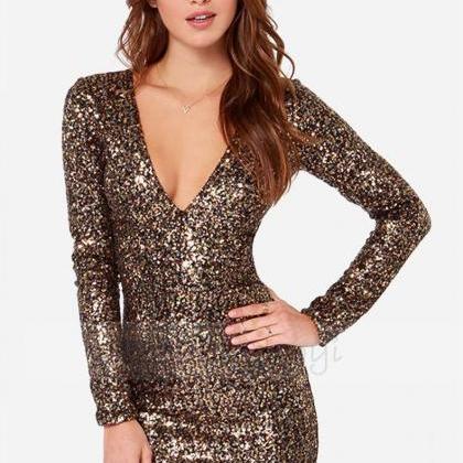 Women Sexy V-neck Long Sleeve Sequined Slim..
