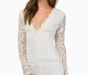 White Satin Deep V neck Hollow Out Cutout Twisted Three Quarter Sleeve Tight Dress