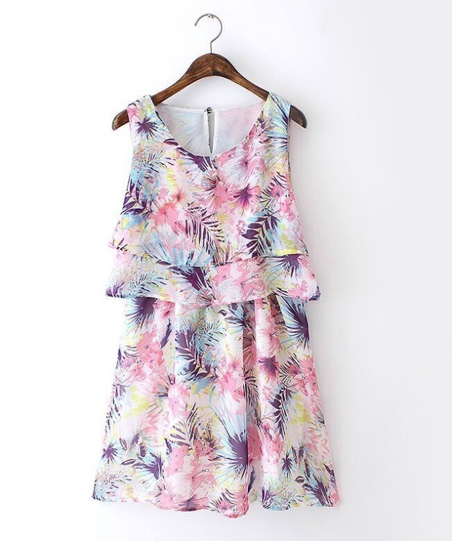 Women O-neck Sleeveless Floral Print Chiffon Dress Casual Summer Dress