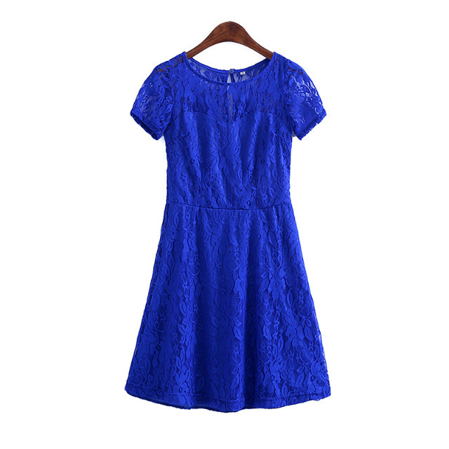 Women Fashion Hollow Out O-neck Short Sleeeve Casual Lace Dress Summer Party Dress